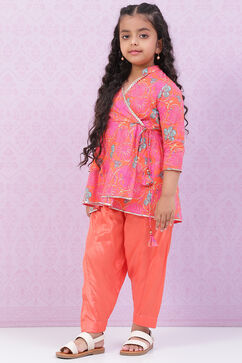 Orange Cotton Flared Printed Kurta Set image number 3