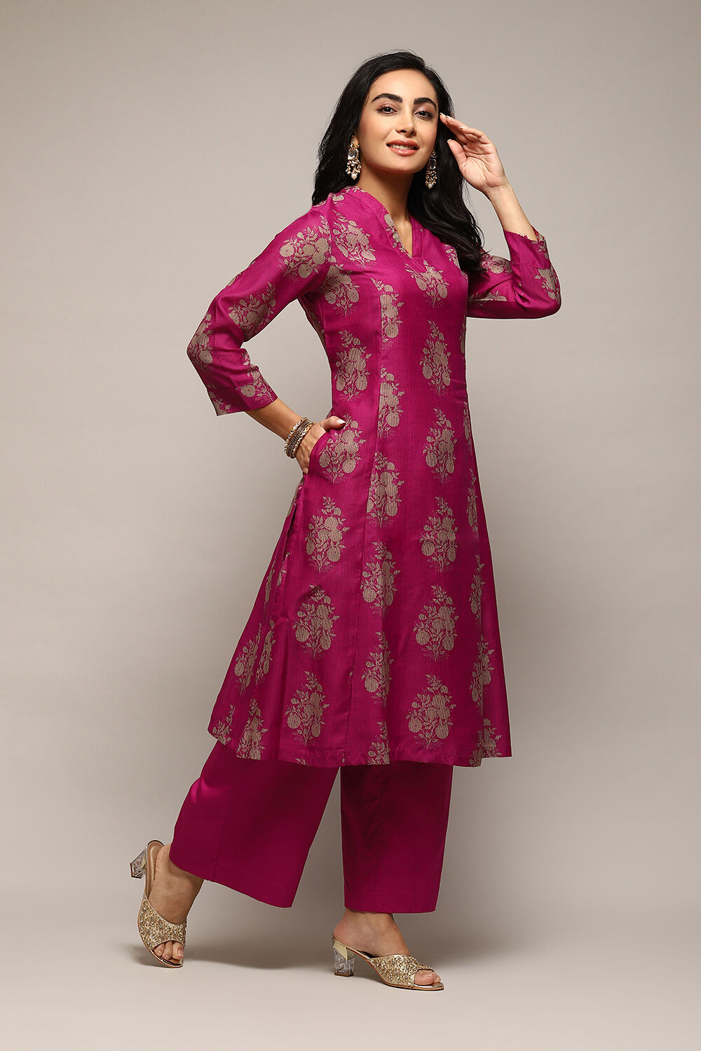 Pink Poly Chanderi A-Line Printed Kurta Palazzo Suit Set image number 5