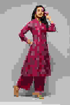 Magenta Cotton Blend A-Line Printed Kurta Palazzo Suit Set image number 5