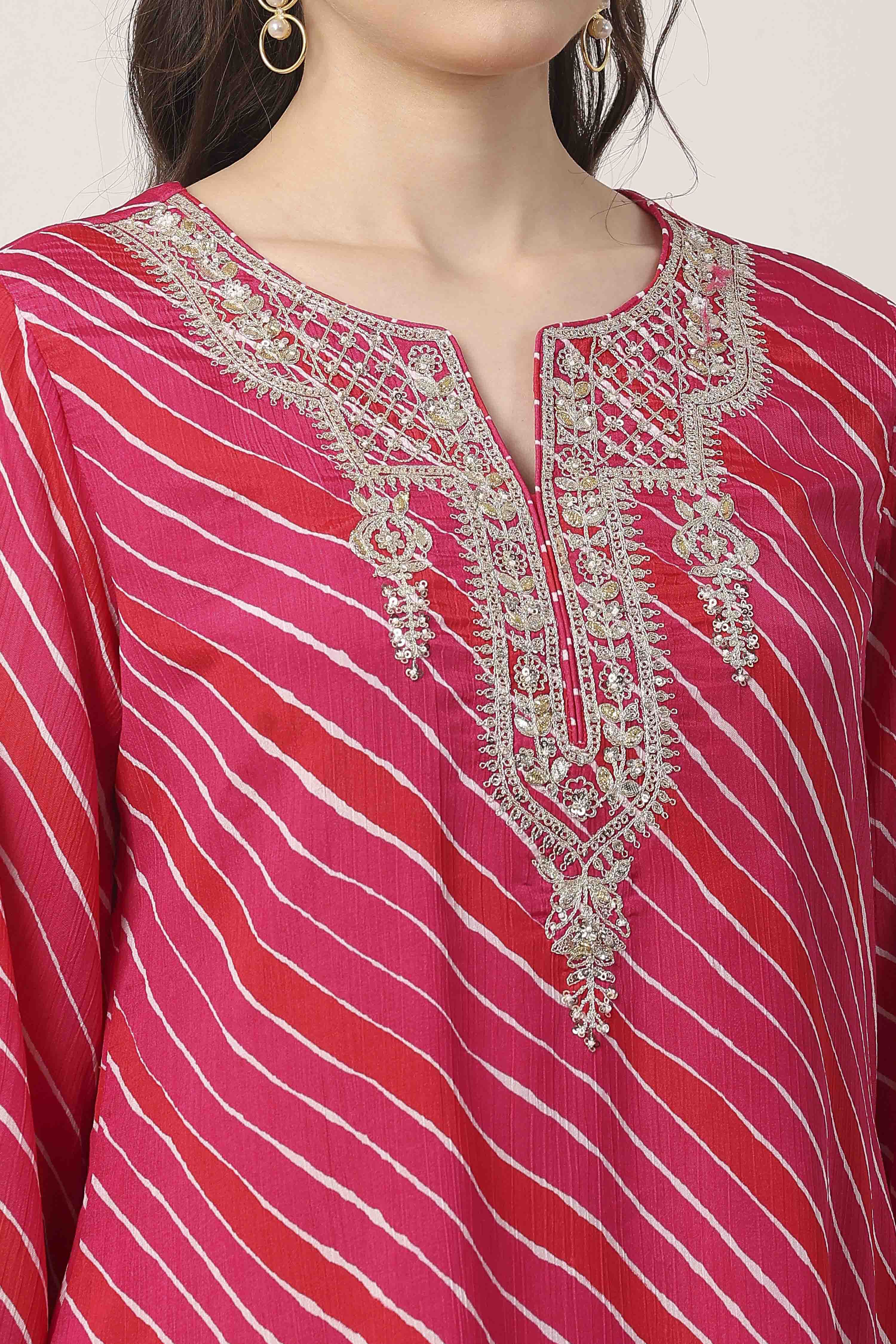 Pink Striped Yoke Design Straight Suit Set image number 1