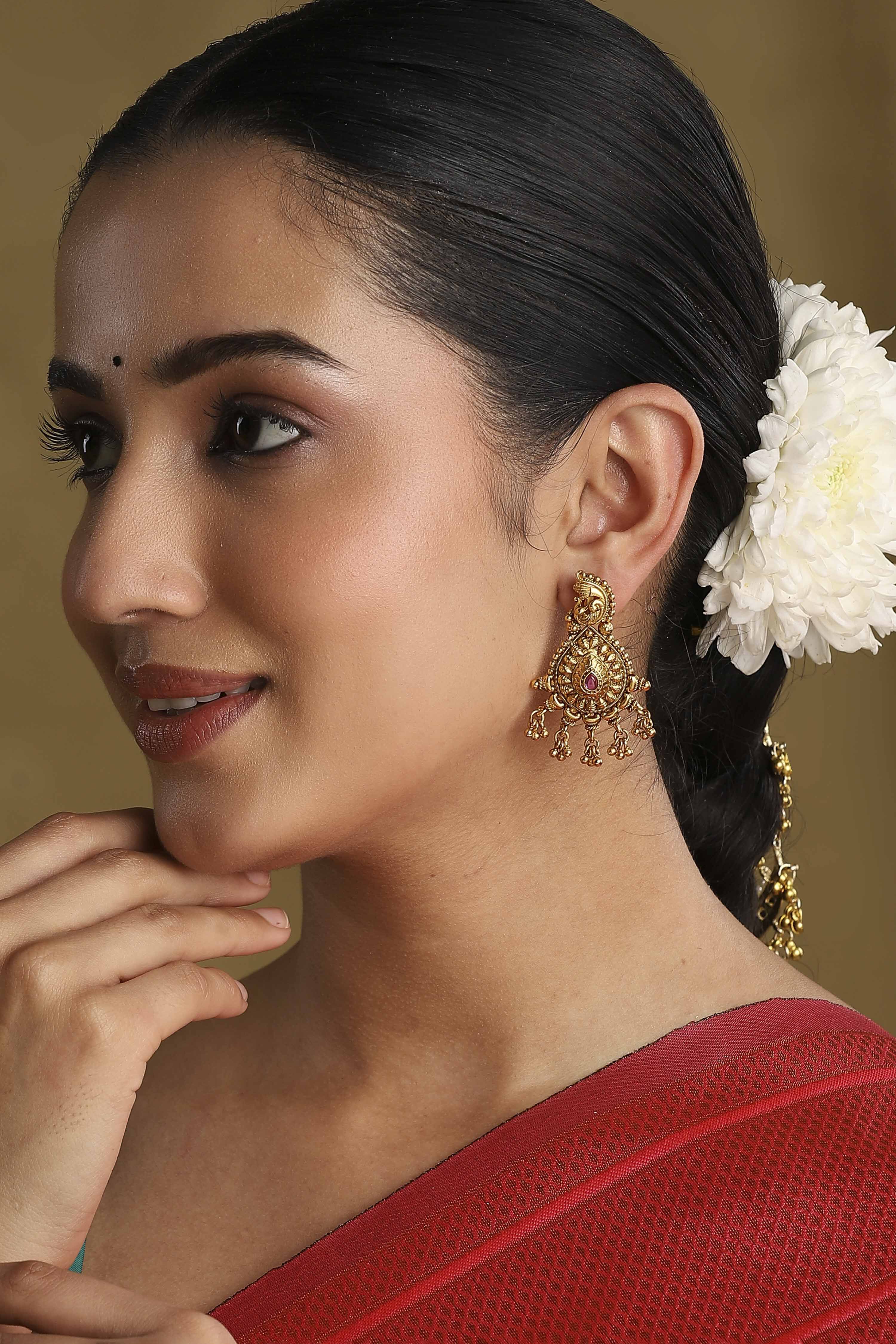 Red Gold Plated Minimal Stone Studded Drop Earrings image number 3