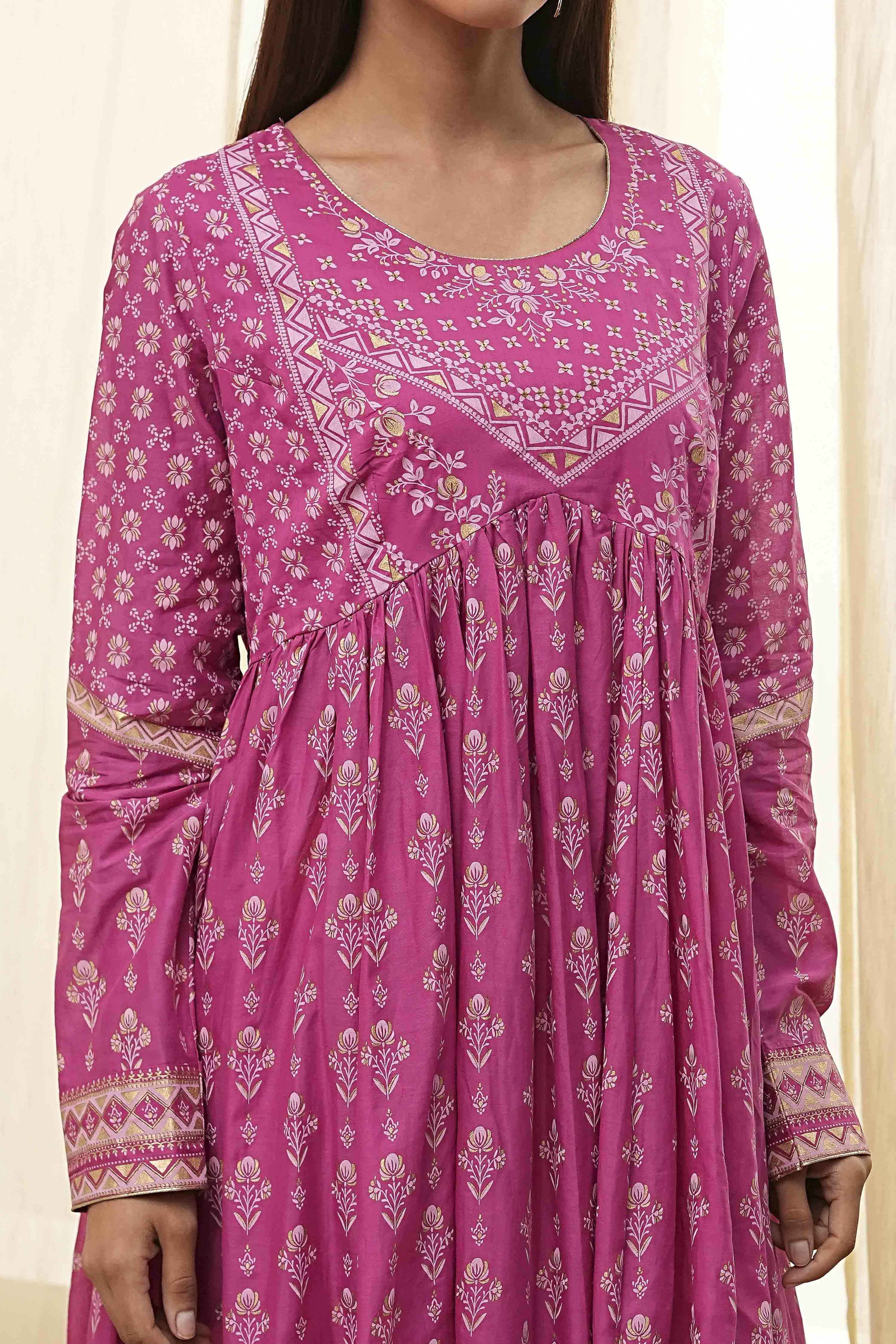 Onion Pink Cotton Printed Anarkali Suit Set image number 1