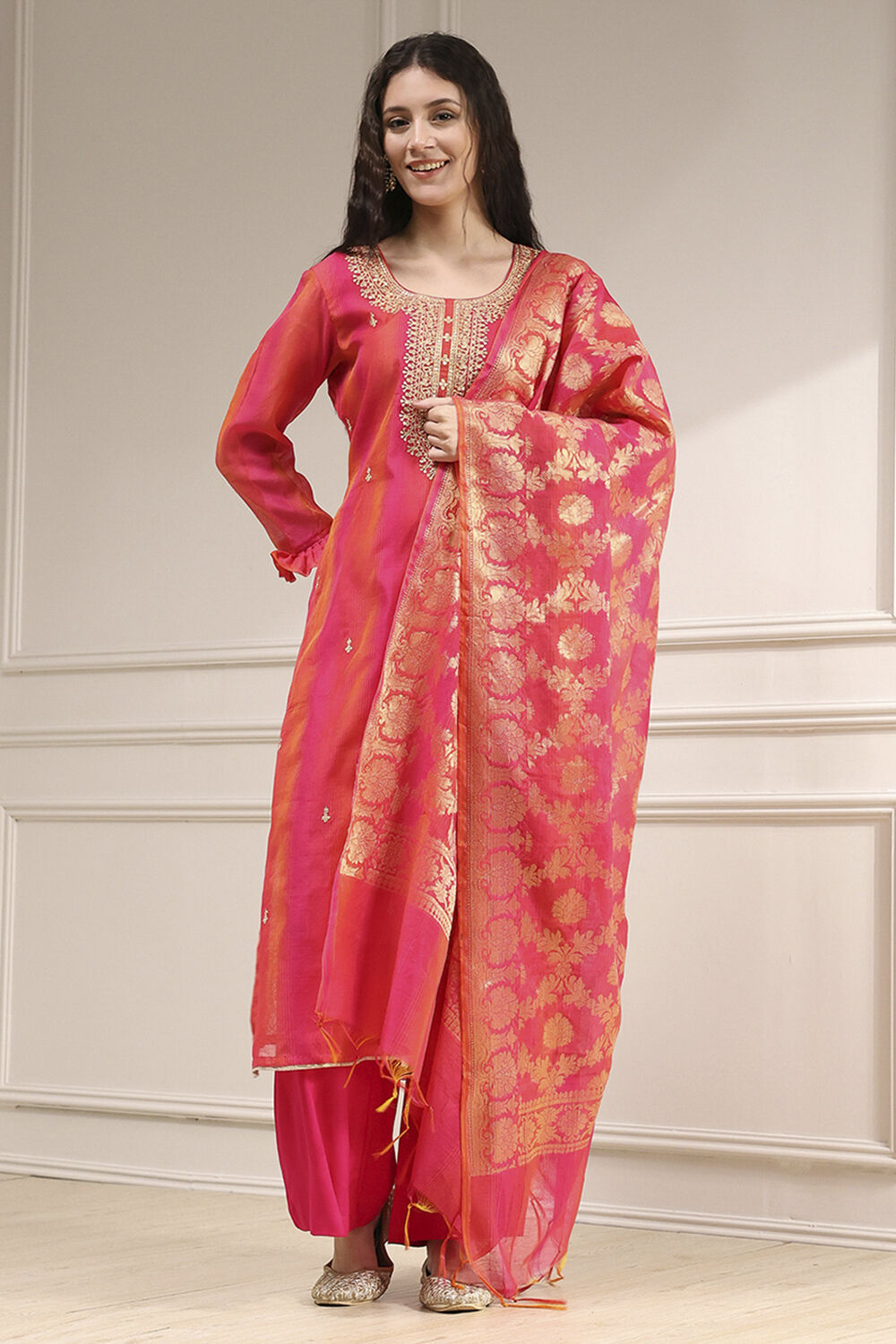 Pink Chanderi Machine Embroidered Unstitched Suit Set image number 1