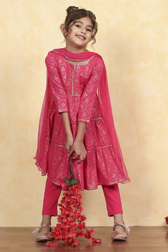 Pink Cotton Tiered Printed Kurta Churidar Set image number 0
