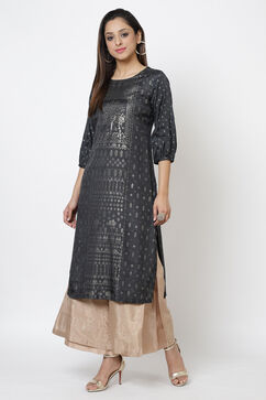 Black Viscose Straight Printed Kurta image number 0