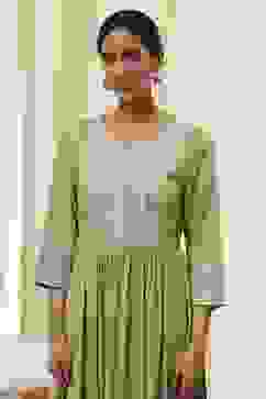 Olive Green Embroidered Gathered Suit Set image number 1