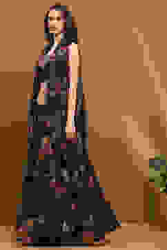 Black Georgette Floral Printed Flared Lehenga Set image number 3