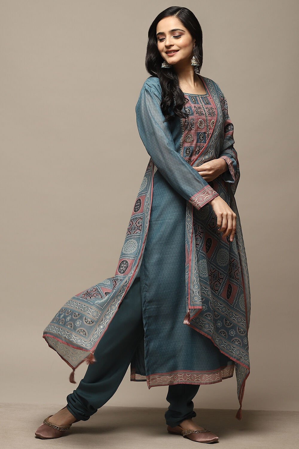 Peach Chanderi Machine Embroidered Unstitched Suit Set image number 1