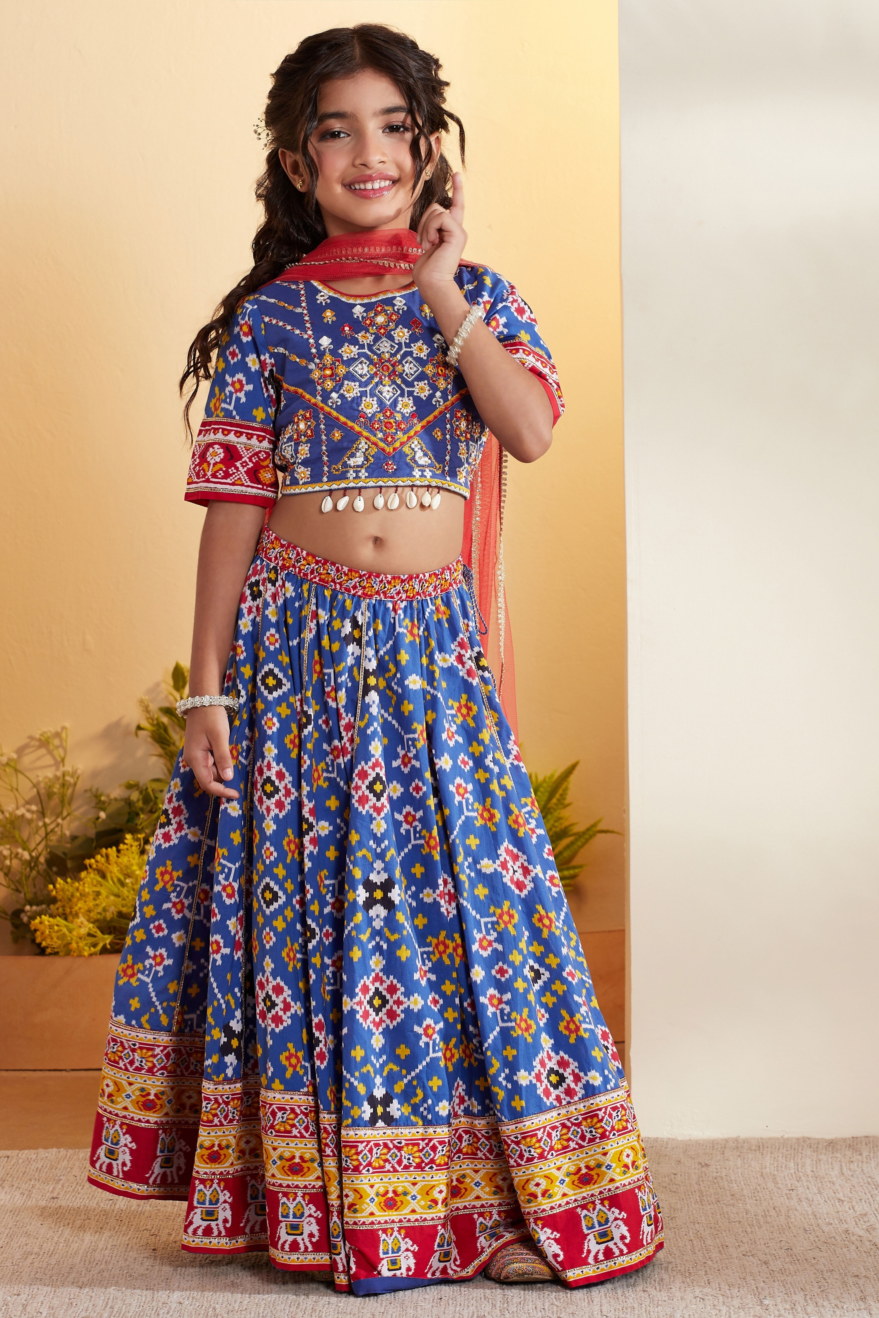 Blue Cotton Printed Kalidar Lehenga Set image number 6