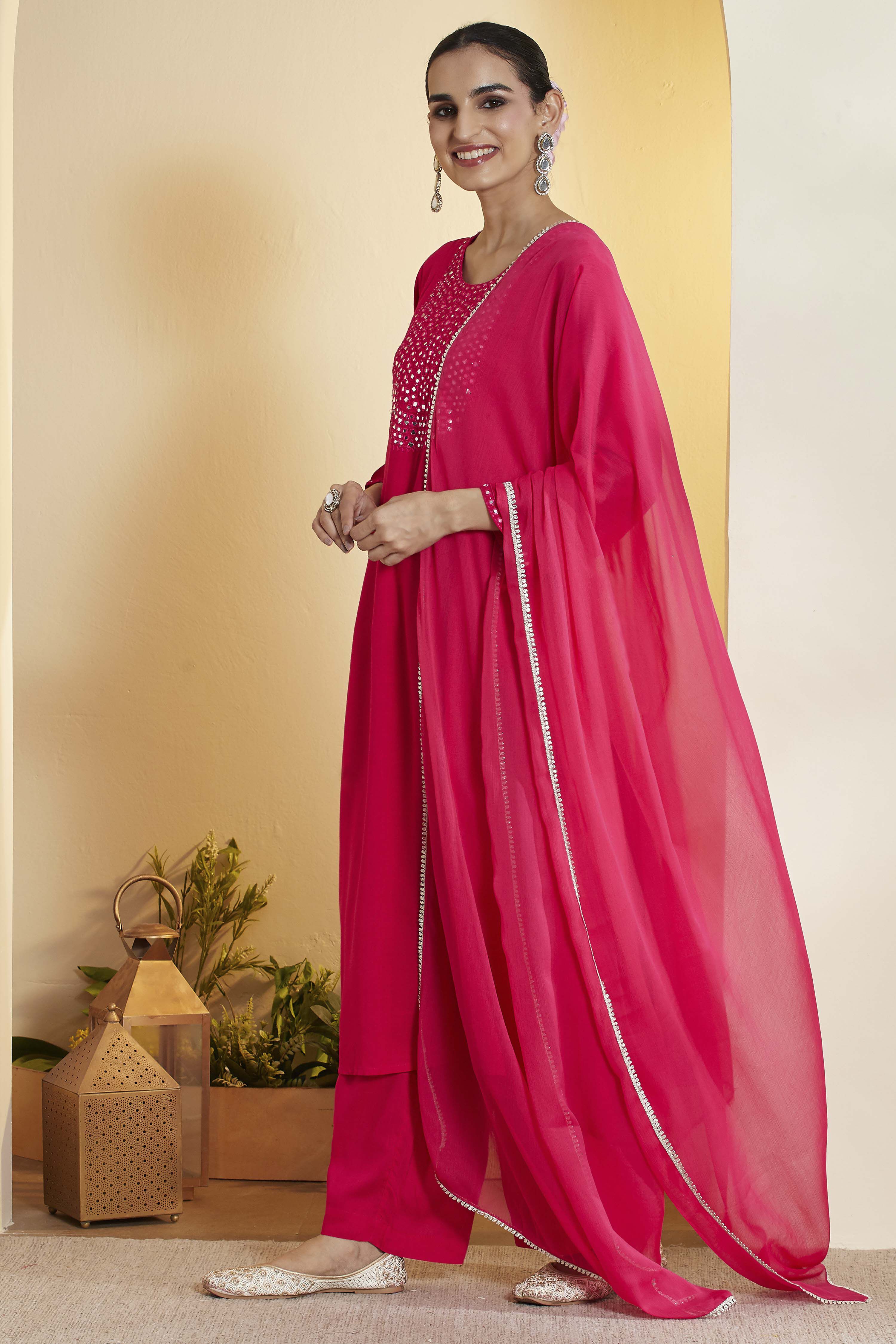 Fuchsia Viscose Rayon Embellished Yoke Straight Kurta Set image number 4