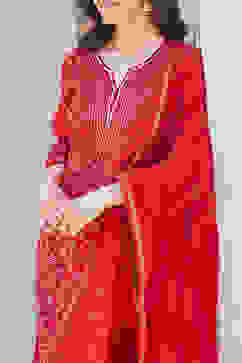 Red Yard-Dyed Chanderi Kurta & Pants Suit Set image number 1