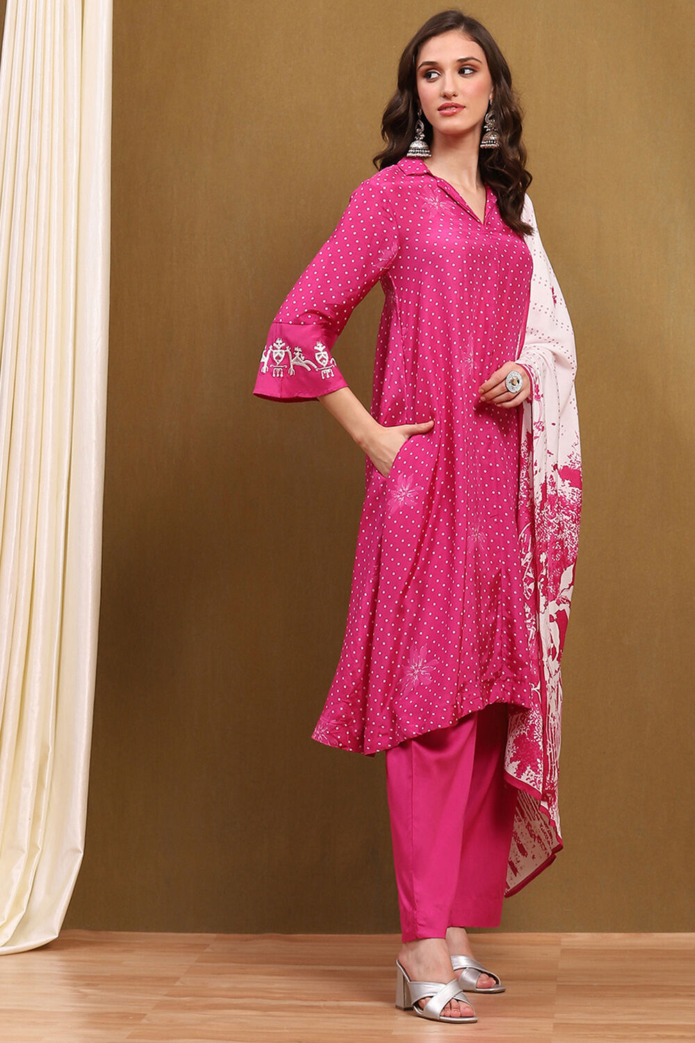 Pink Modal Bandhani Printed A-Line Suit Set image number 5