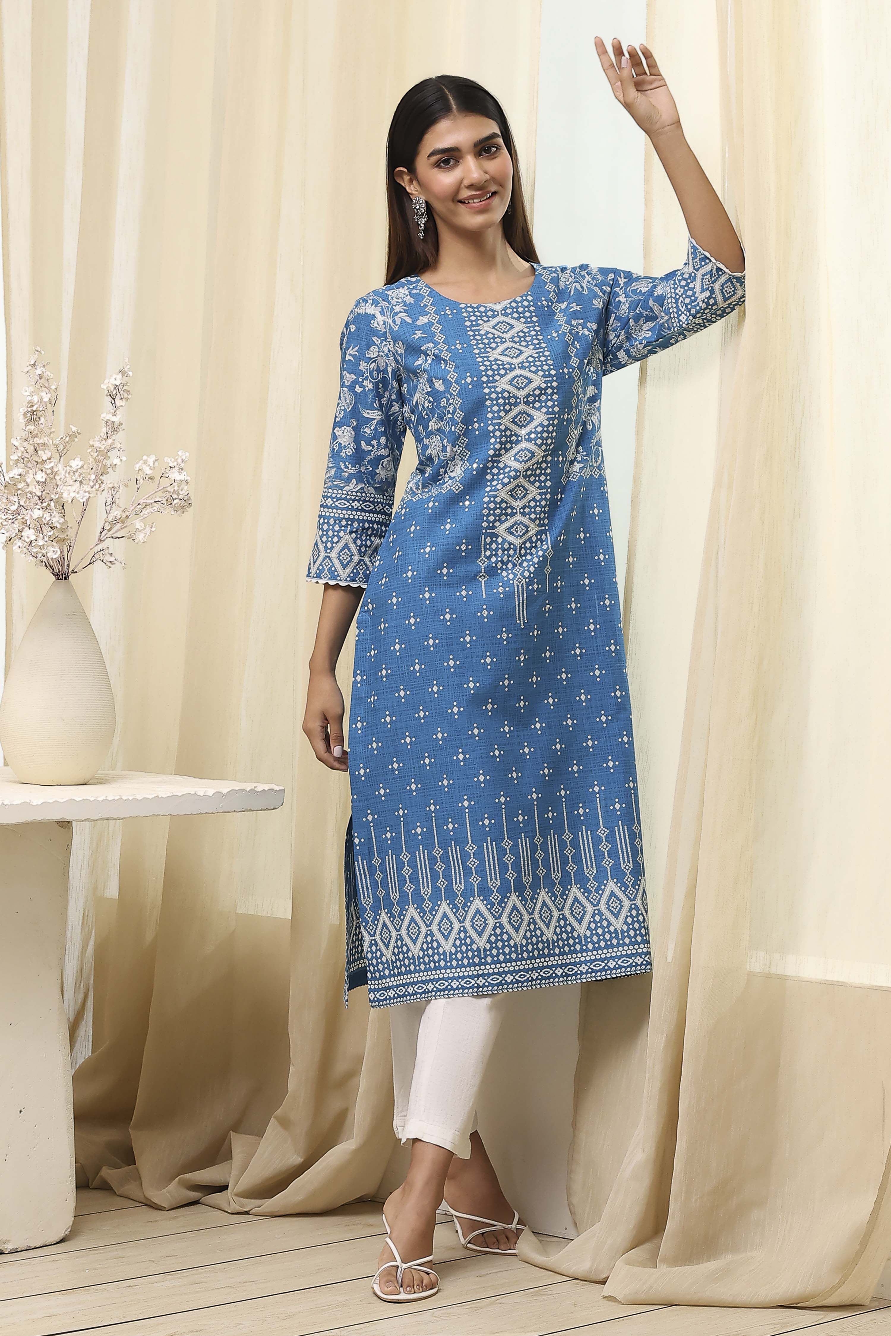 Blue Cotton Printed Straight Kurta image number 0