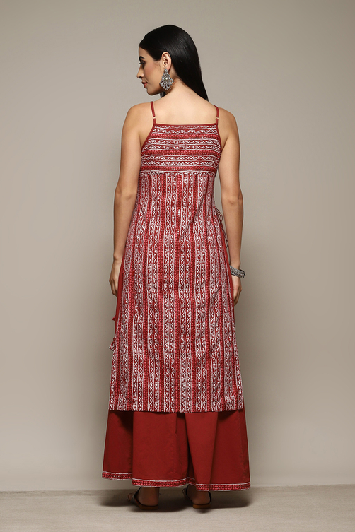 Red Cotton Straight Printed Kurta Sharara Suit Set image number 4