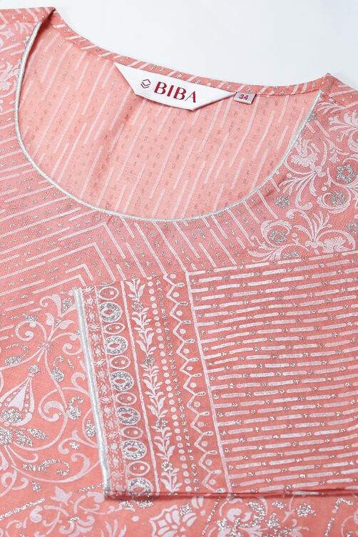Peach Cotton Double Layered Printed Kurta image number 1