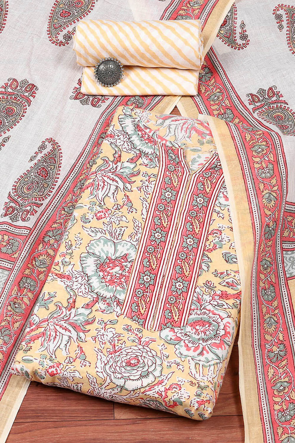 Dull Yellow Cotton Handloom Unstitched Suit Set image number 0