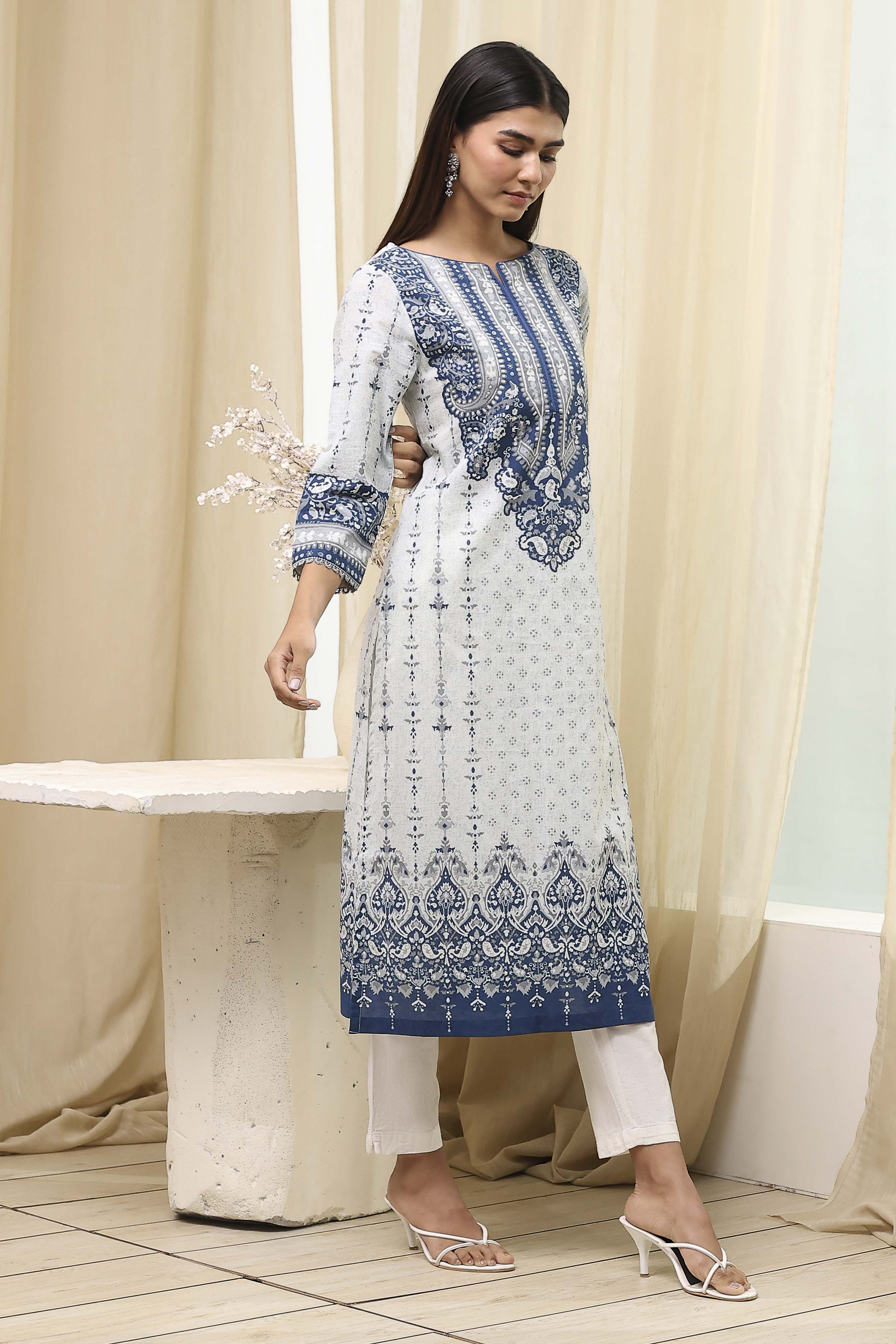 Blue Cotton Printed Straight Kurta image number 4