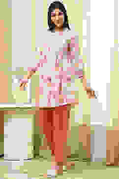 Pink Cotton Floral Flared Short Kurta image number 1