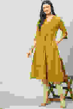 Olive Cotton A-Line Printed Kurta image number 3