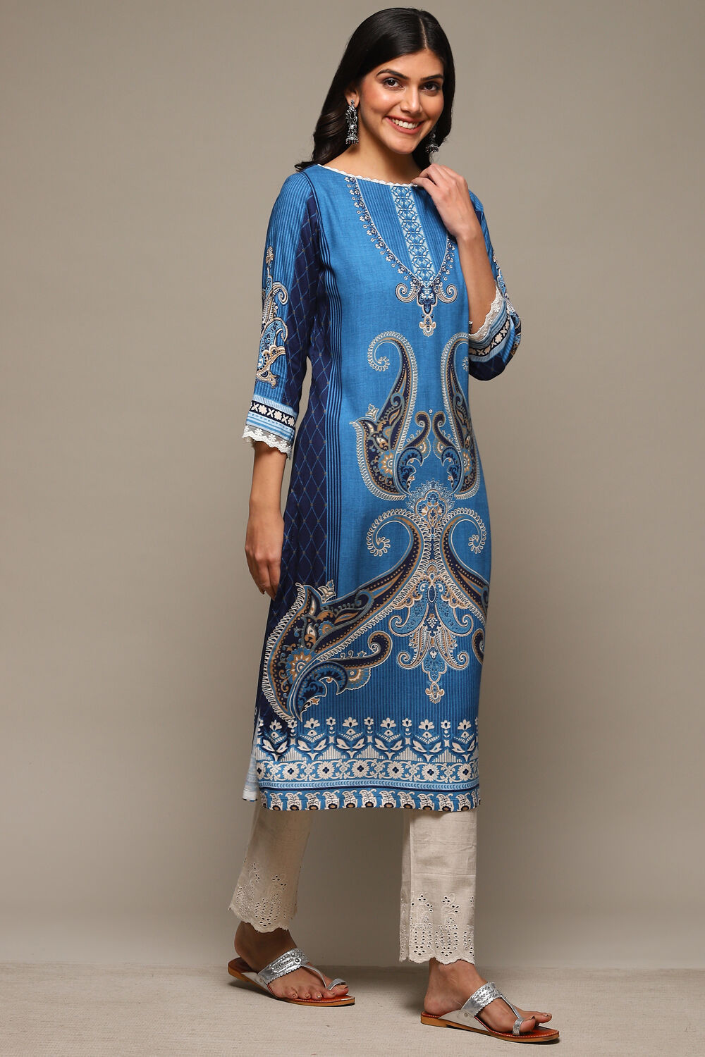 Navy LIVA Straight Printed Kurta image number 3
