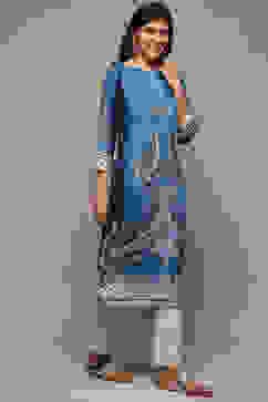 Navy LIVA Straight Printed Kurta image number 3