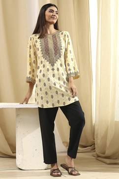 Beige Viscose Printed Straight Short Kurta
