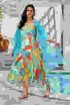 Teal Green Printed A-Line Dress with Shrug image number 5