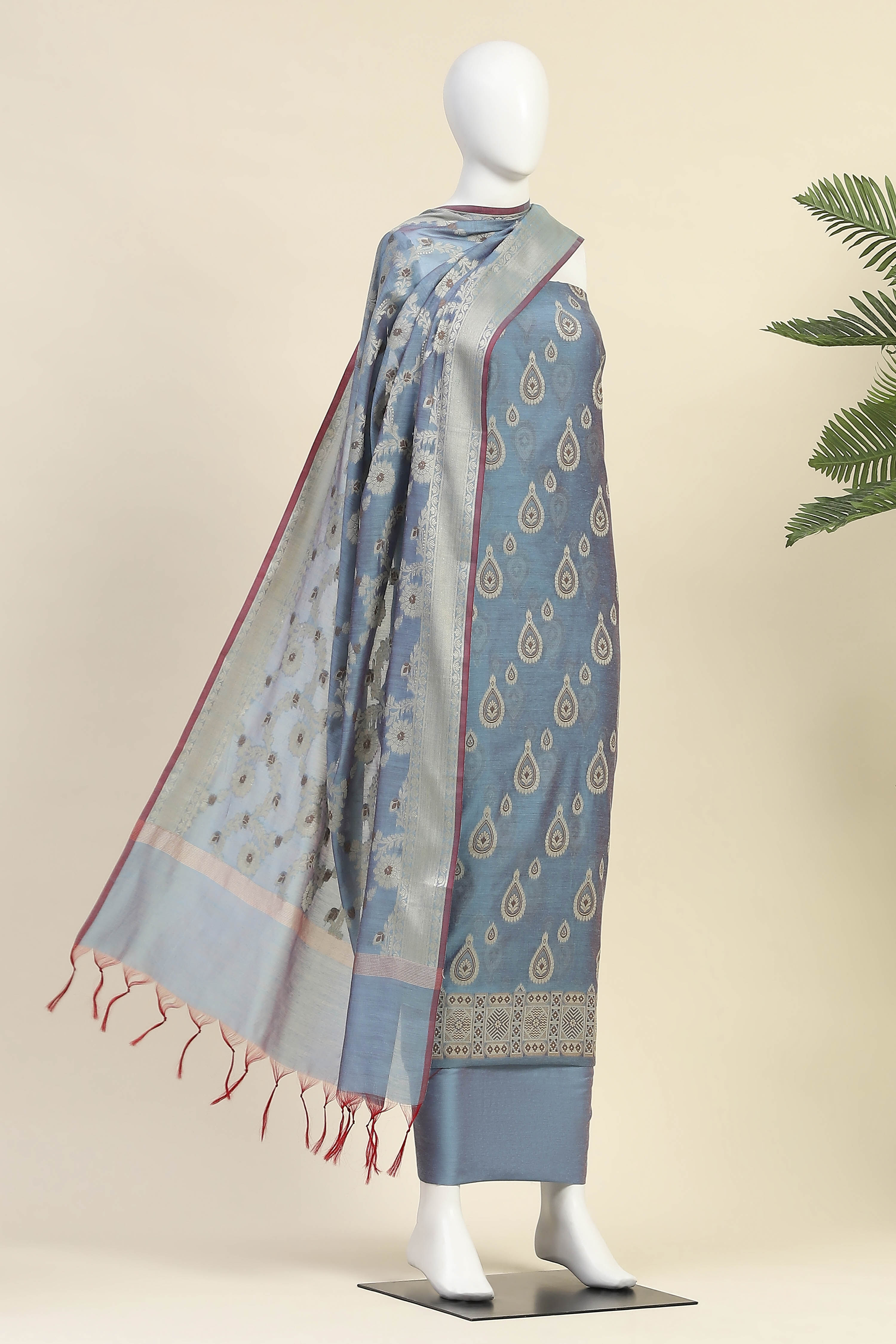 Red Chanderi  Unstitched Suit Set image number 4
