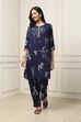 Navy Blue Viscose Rayon Floral Printed Straight Suit Set image number 6