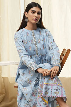 Dull Blue Cotton Flared Printed Kurta Set image number 7