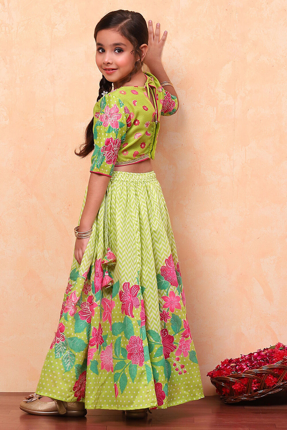 Lime Green Poly Chanderi Floral Printed Lehenga Set image number 4