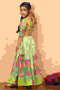 Lime Green Poly Chanderi Floral Printed Lehenga Set image number 4