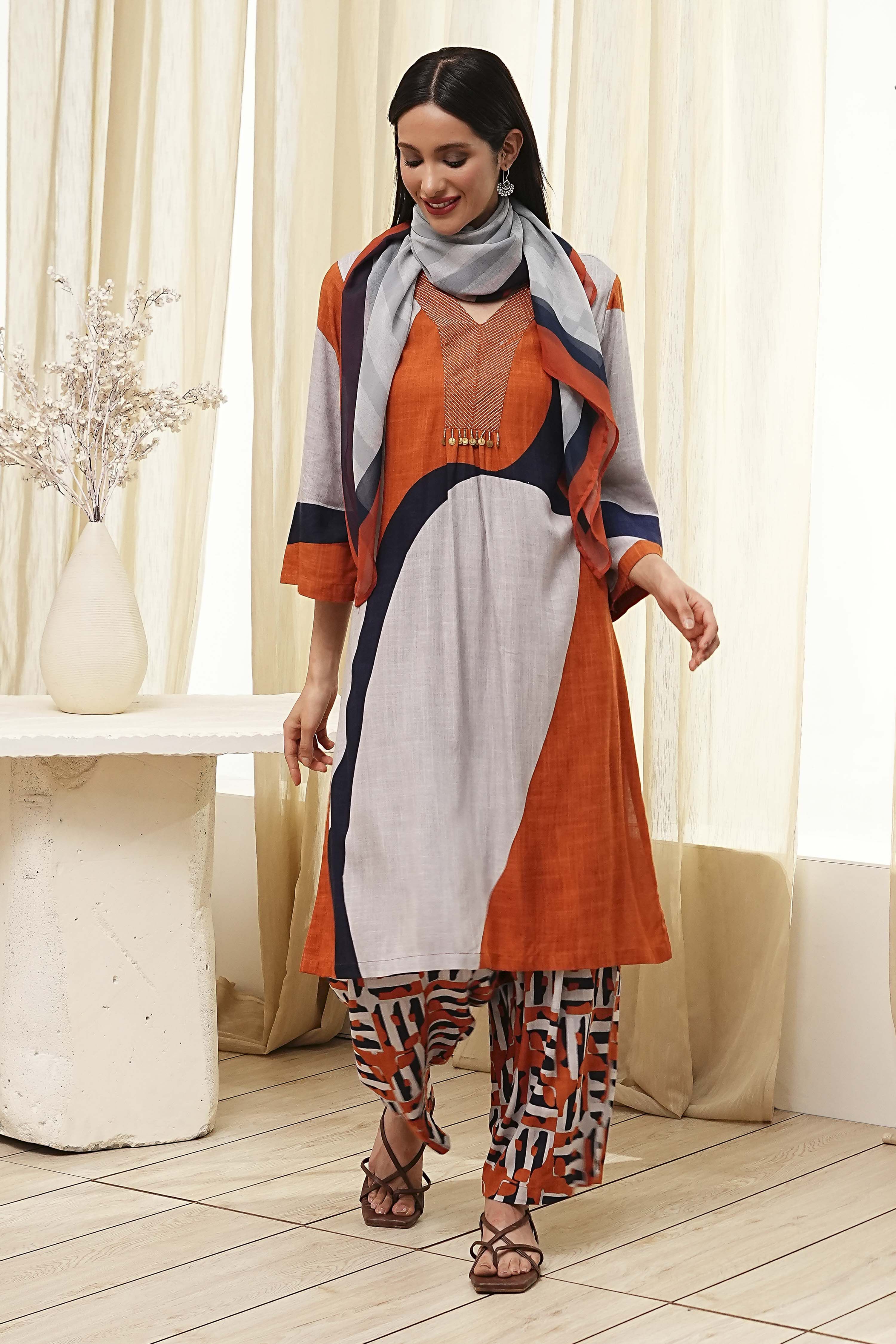 Orange and Beige Printed Straight Suit Set image number 0