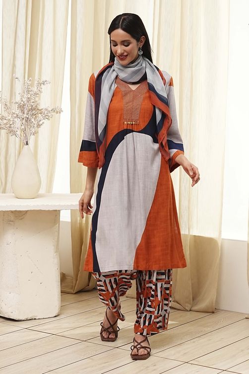 Orange and Beige Printed Straight Suit Set image number 0