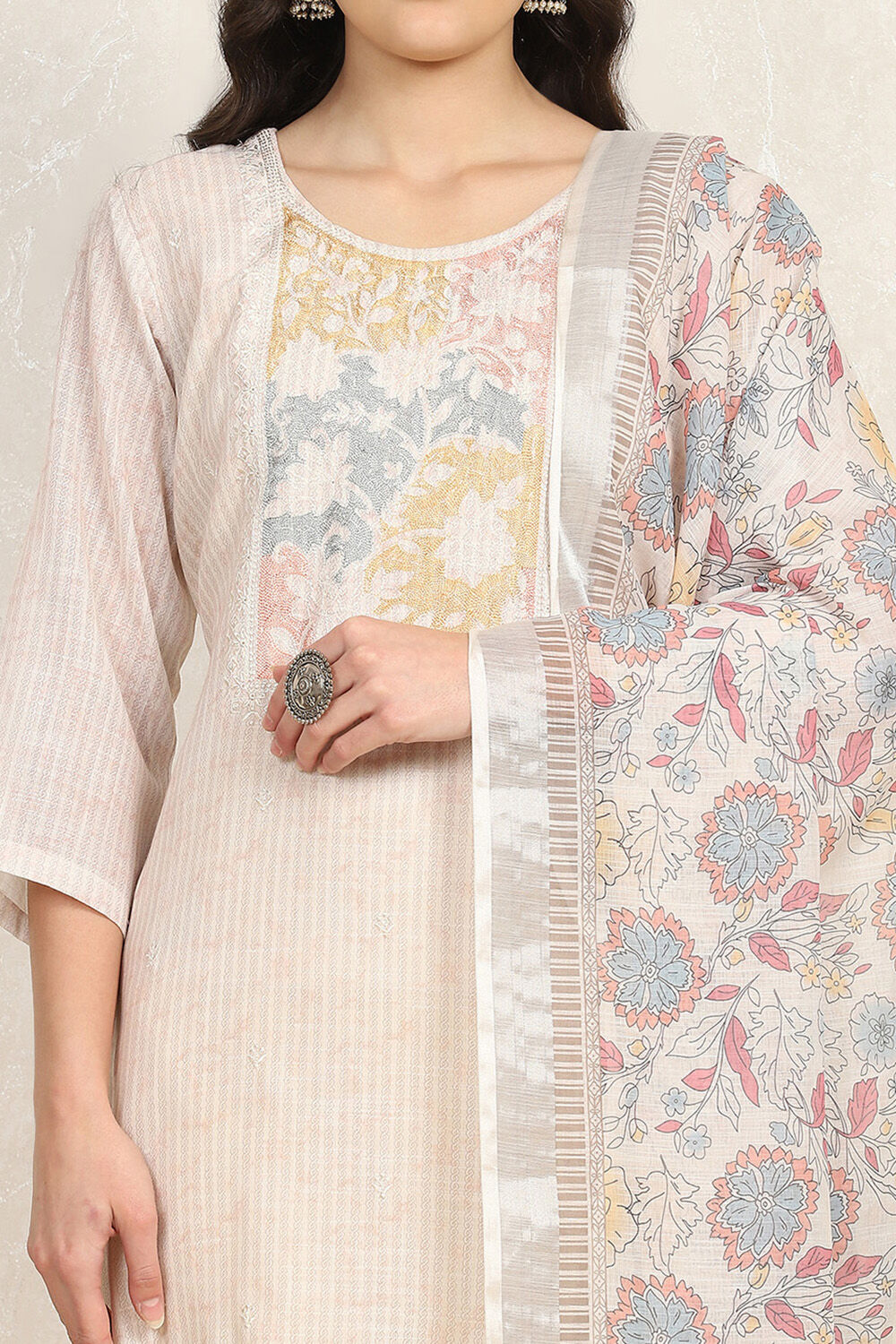 Cream Linen Blend Unstitched Suit Set image number 2