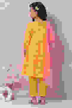 Yellow Cotton Flared Kurta Pant Suit Set image number 4