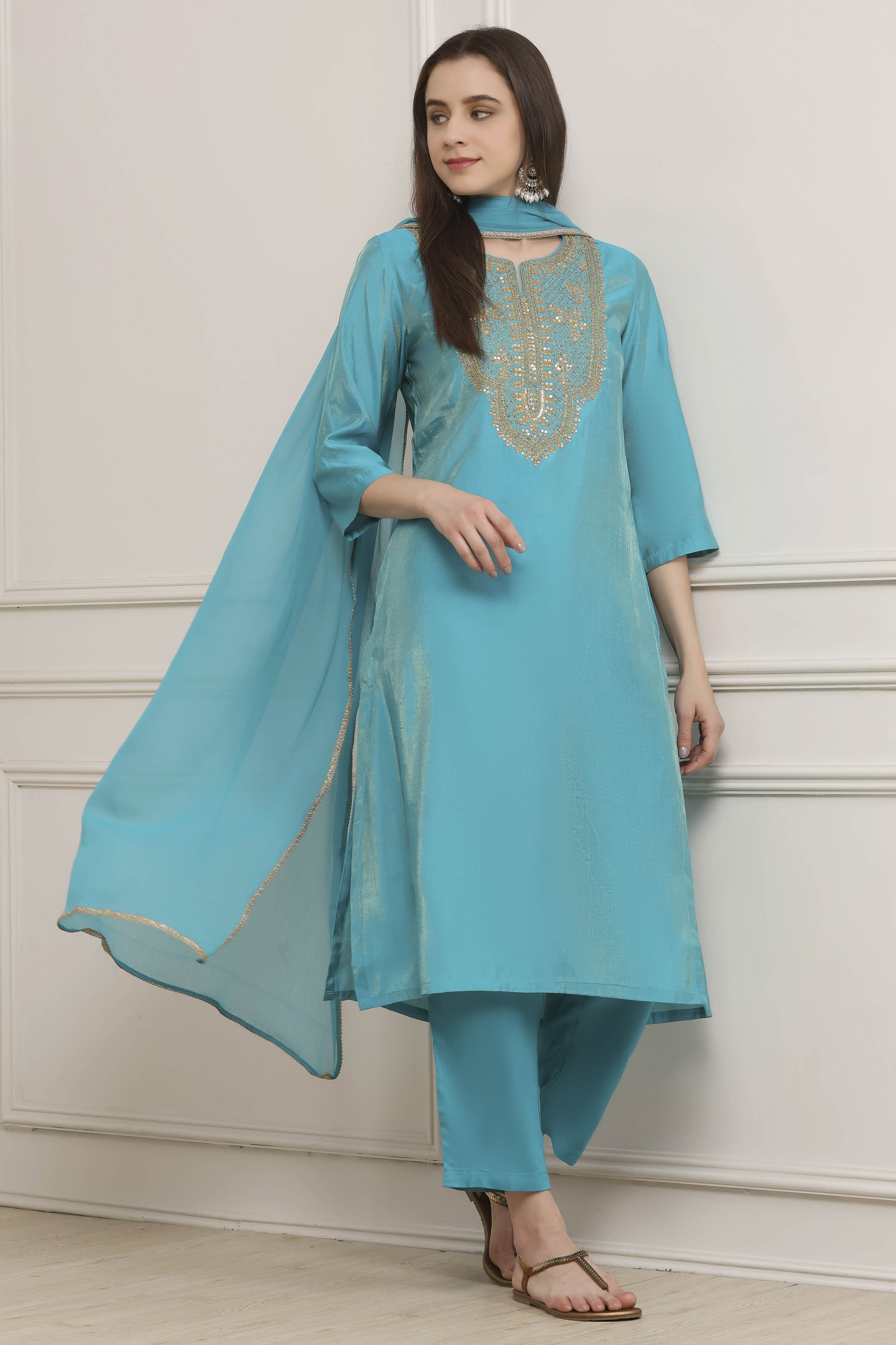 Turquoise Viscose Rayon Straight Suit Set image number 0