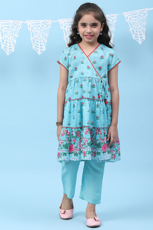 Turquoise Art Silk Straight Printed Kurta image number 0