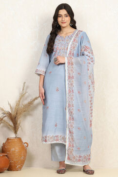 Sky Blue Linen Blend Unstitched Suit Set image number 7