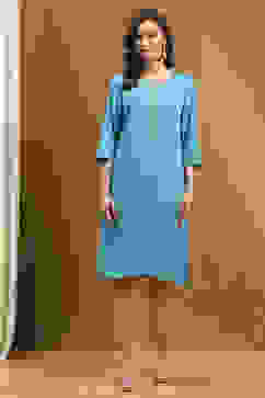 Frost Blue Solid Regular Fit Straight Kurta image number 5