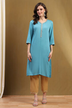 Frost Blue Solid Regular Fit Straight Kurta image number 5