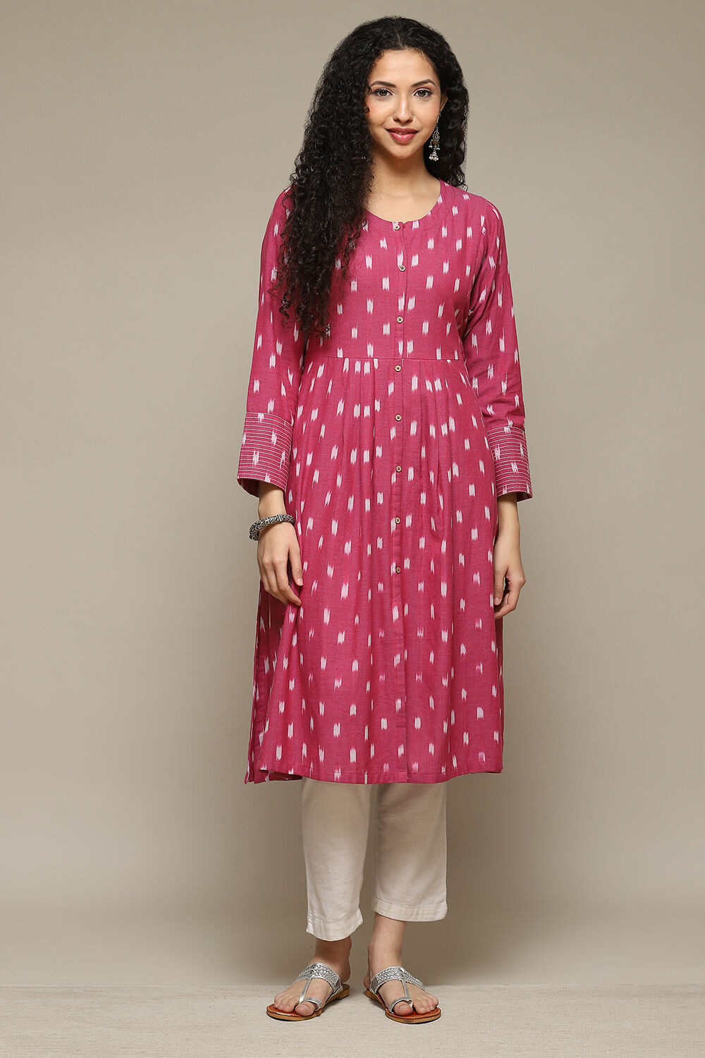 Pink Cotton IKAT Flared Yarndyed Kurta image number 5