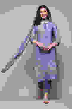 Lavendar Cotton Straight Printed Kurta Slim Pant Suit Set image number 7