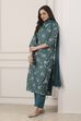 Peacock Green Printed Straight Kurta Regular Pants Suit Set image number 0
