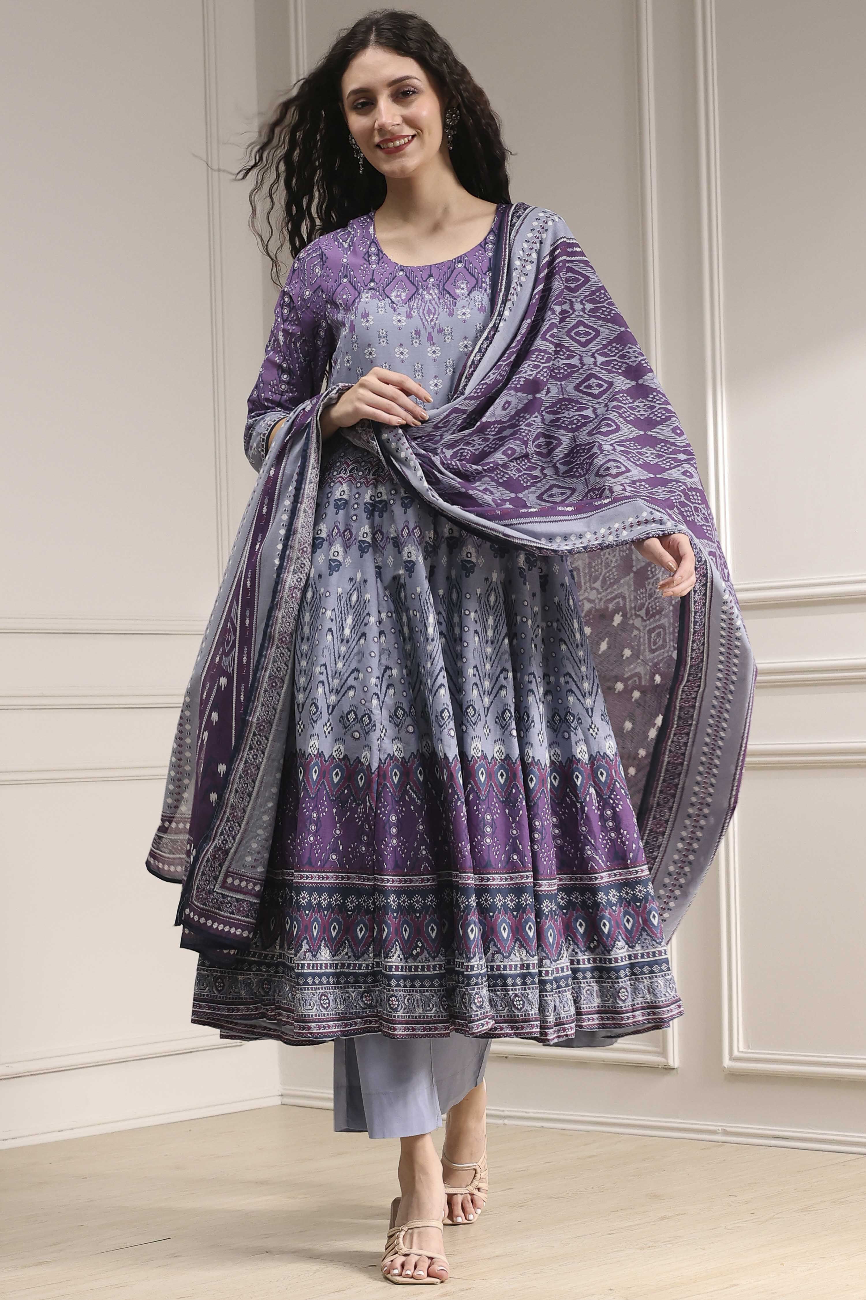 Lilac Cotton Printed Anarkali Suit Set image number 0