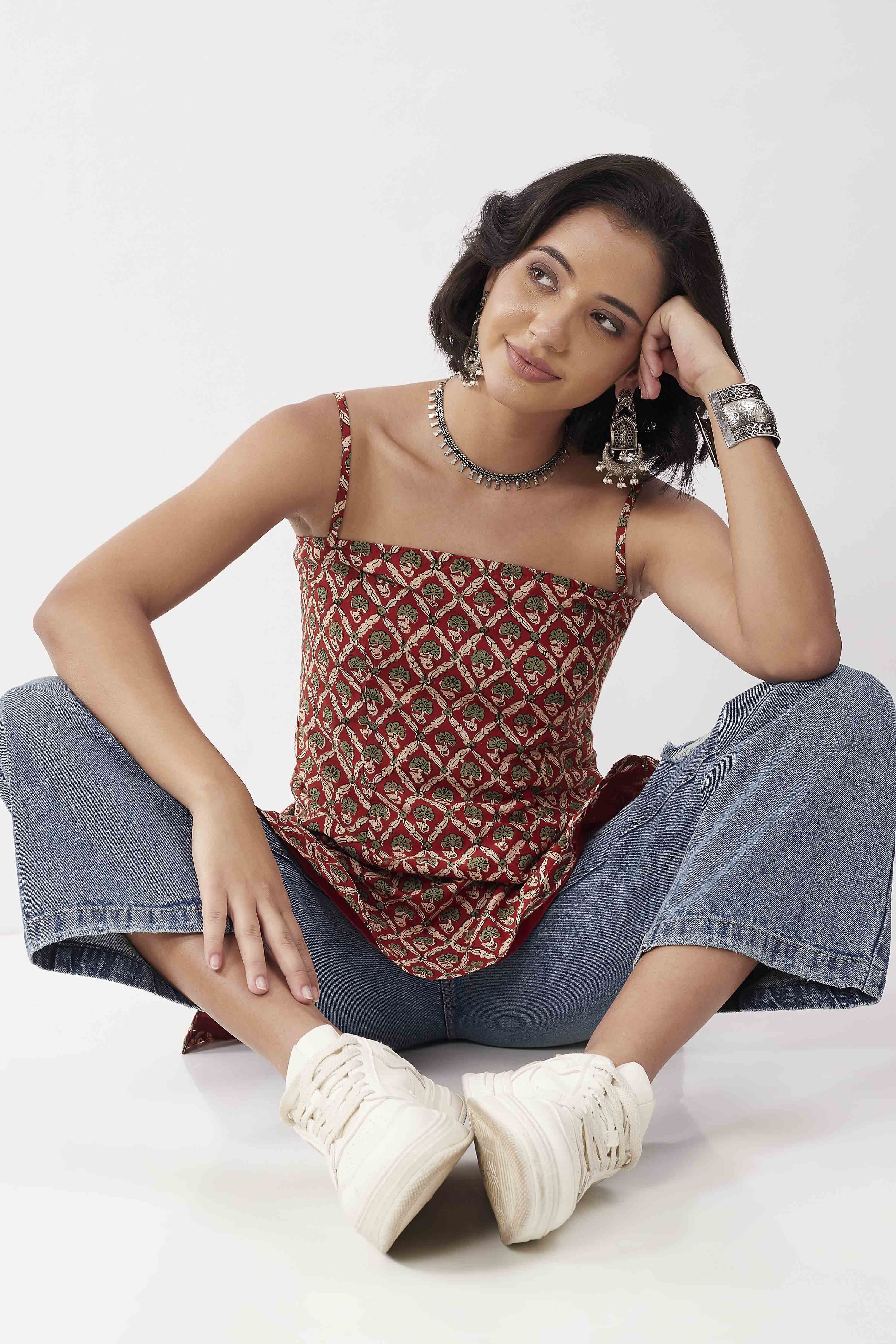 Rust Cotton Printed A Line Short Kurti image number 6