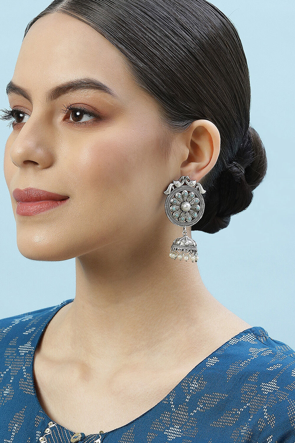 Oxidised Light Blue Brass Earrings image number 3