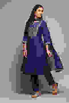 Pink & Purple Poly Cotton Straight Embroidery Kurta Slim Pants Suit Set image number 3