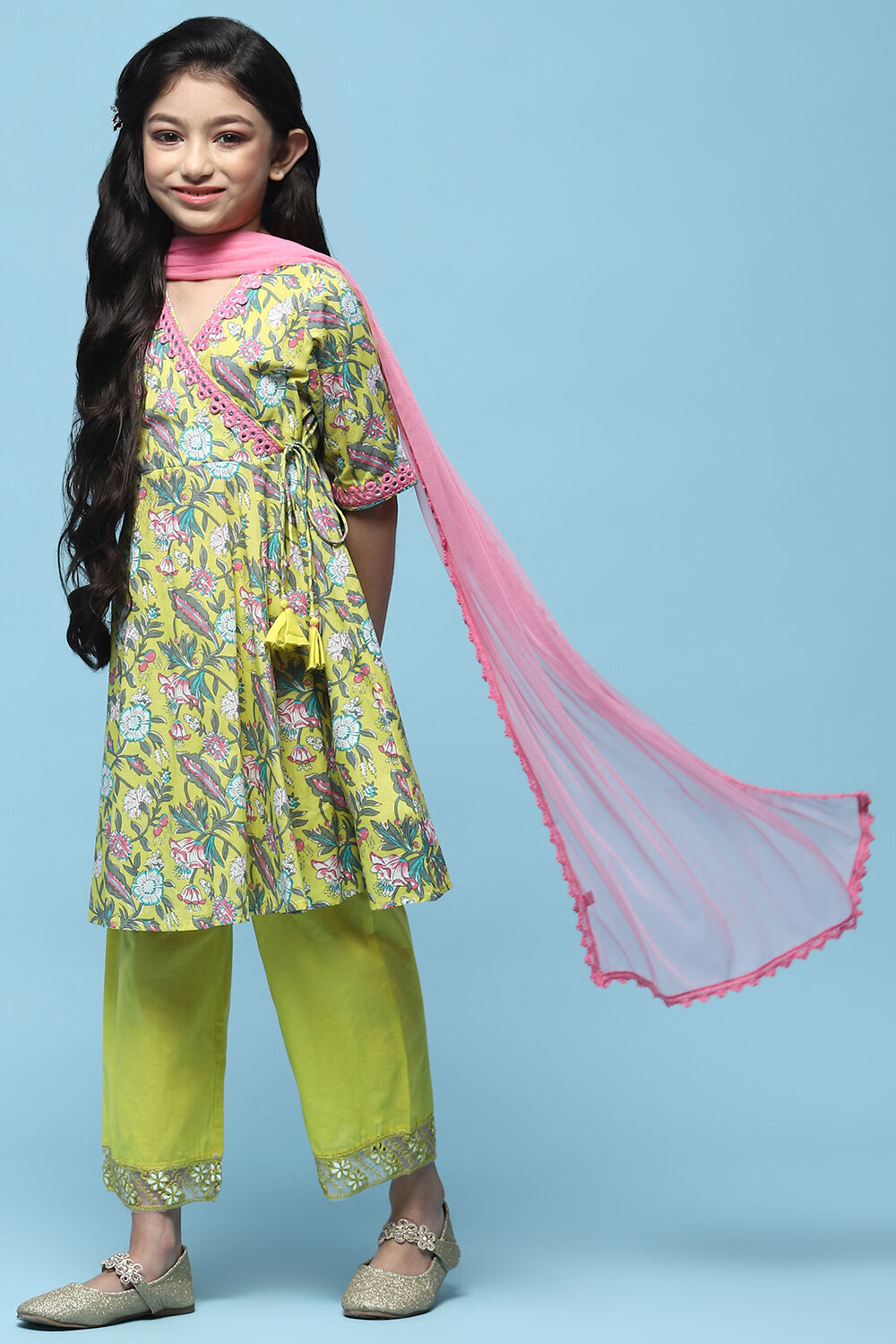 Yellow Gathered Cotton Kurta With Palazzo & Net Dupatta image number 4