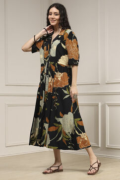 Black Viscose Rayon Straight Printed Dress image number 2